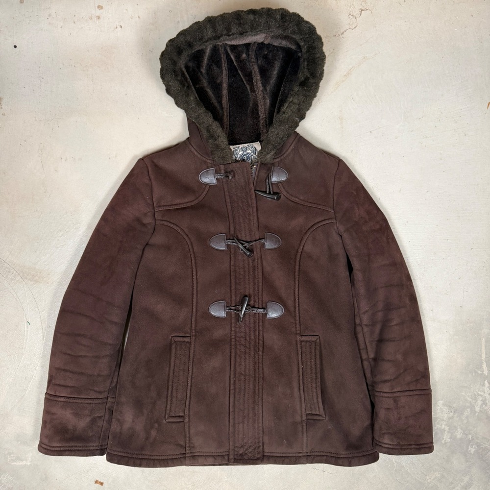 Esprit Womens Brown Faux Suede‎ Shearling Lined Toggle Hooded Coat Jacket Medium